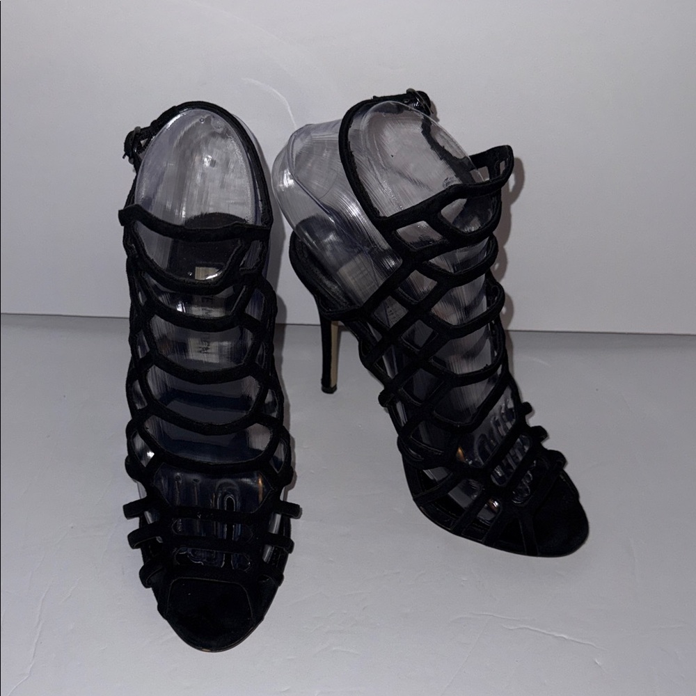 Steve Madden Slithurn Black Suede Strappy Heels Shoes Women’s Size 6